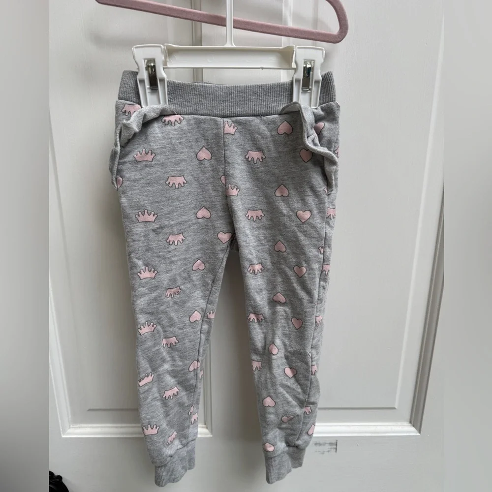 Disney 3T Girls Princess Gray and Pink Heart & Crown Joggers Sweatpants Ruffle